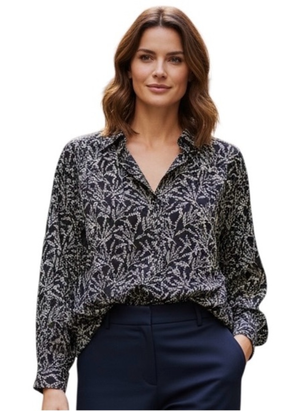 Banana Republic Women’s Navy & White Botanical Print Collared Blouse